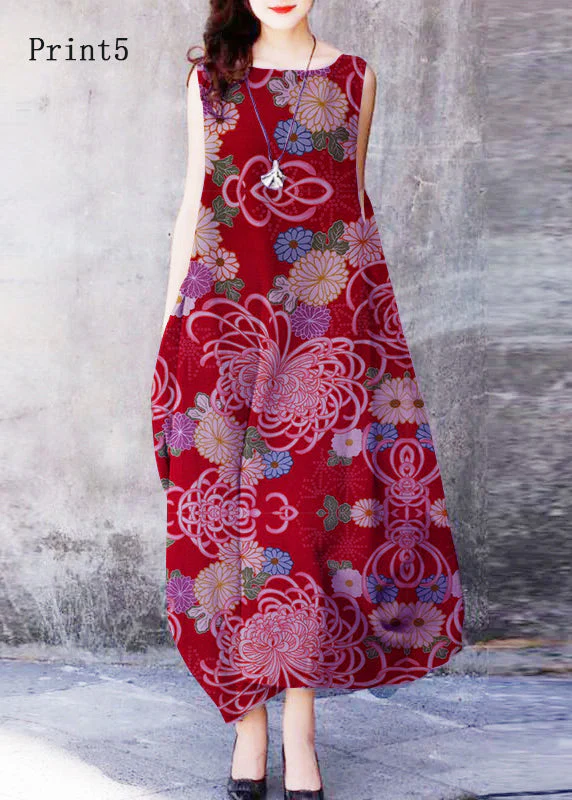 Bohemian Print6 O-Neck Exra Large Hem Cotton Dresses Sleeveless - Image 2