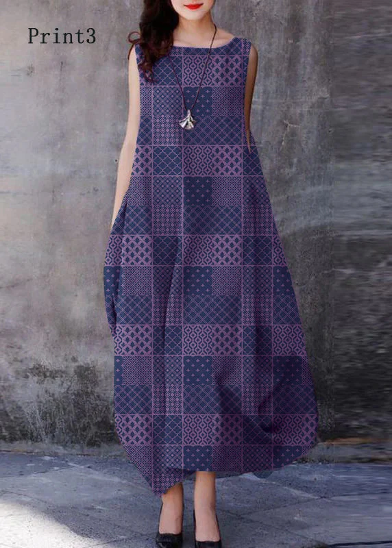 Bohemian Print6 O-Neck Exra Large Hem Cotton Dresses Sleeveless - Image 4
