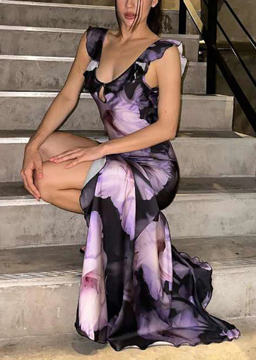 Bohemian Purple Asymmetrical Ruffled Cotton Long Dress Sleeveless - Image 2