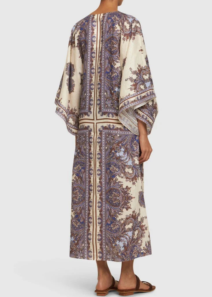 Bohemian Purple Print Lace Up Cotton Holiday Dress Fall - Image 5