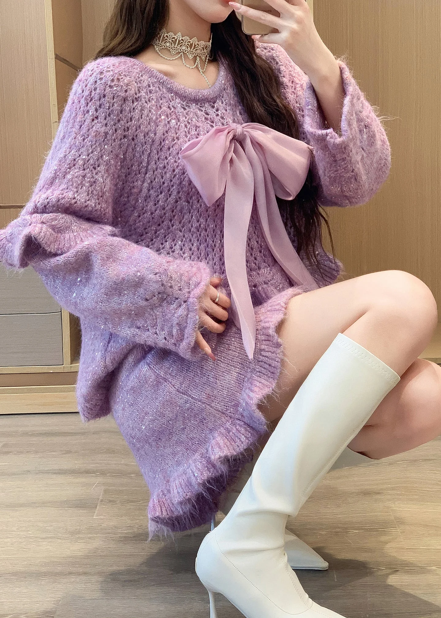 Bohemian Purple Ruffled Bow Knit Two Pieces Set Spring - Image 3