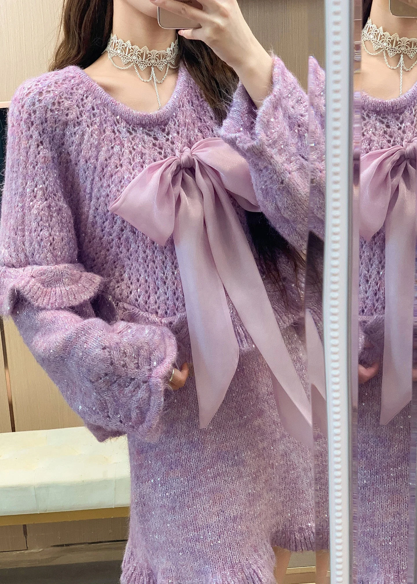 Bohemian Purple Ruffled Bow Knit Two Pieces Set Spring - Image 4
