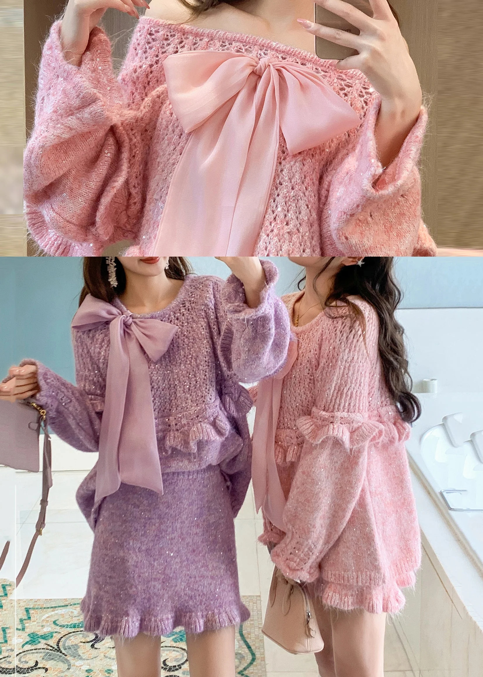 Bohemian Purple Ruffled Bow Knit Two Pieces Set Spring - Image 5