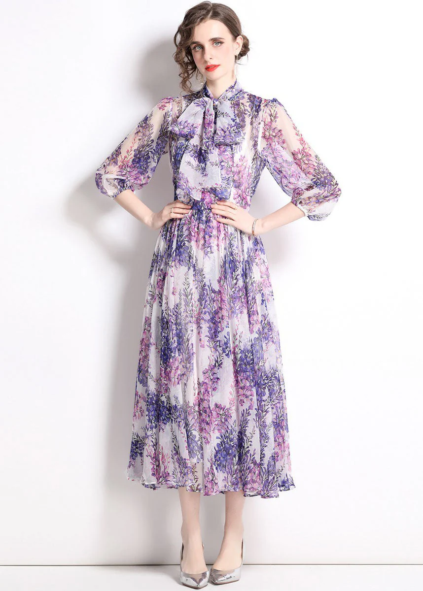 Bohemian Purple Stand Collar Print Chiffon Long Dress Bracelet Sleeve - Image 2