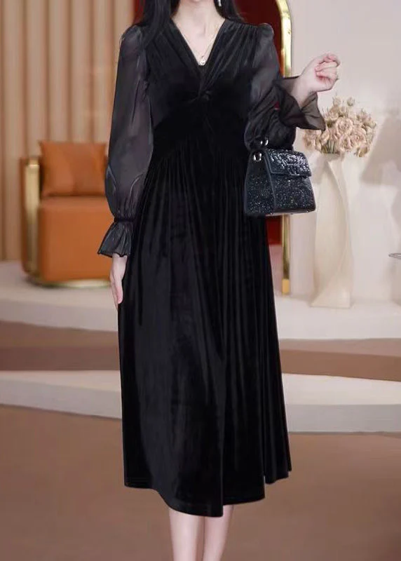 Bohemian Purple V Neck Patchwork Wrinkled Silk Velour Long Dresses Long Sleeve - Image 2