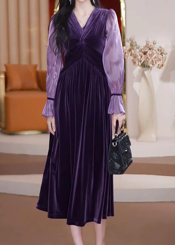 Bohemian Purple V Neck Patchwork Wrinkled Silk Velour Long Dresses Long Sleeve - Image 3