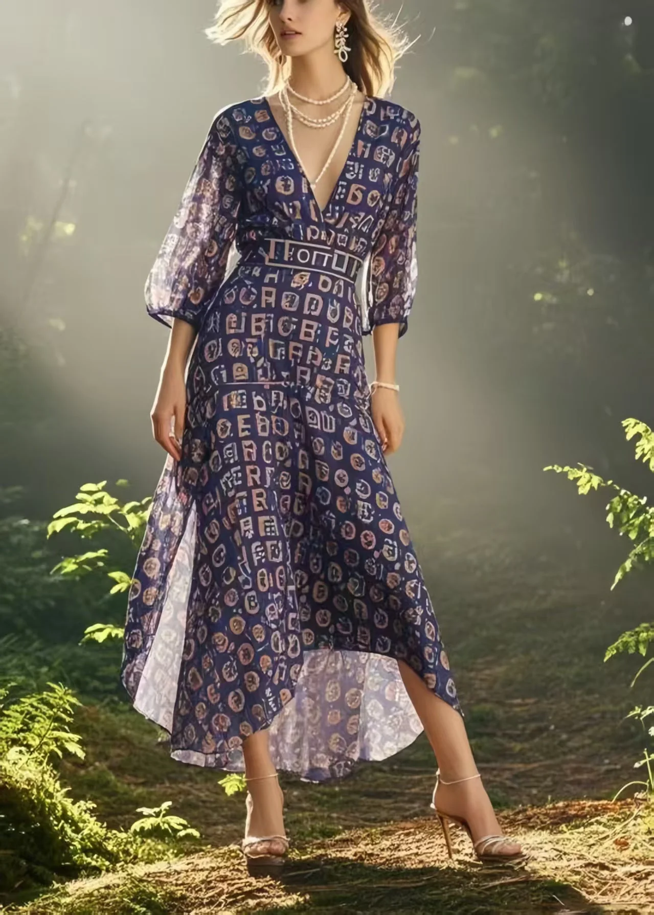 Bohemian Purple V Neck Print Chiffon Mid Dress Bracelet Sleeve