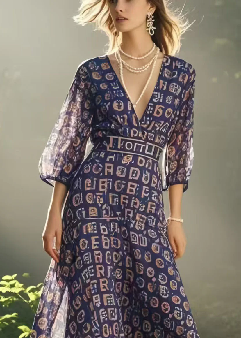 Bohemian Purple V Neck Print Chiffon Mid Dress Bracelet Sleeve - Image 2