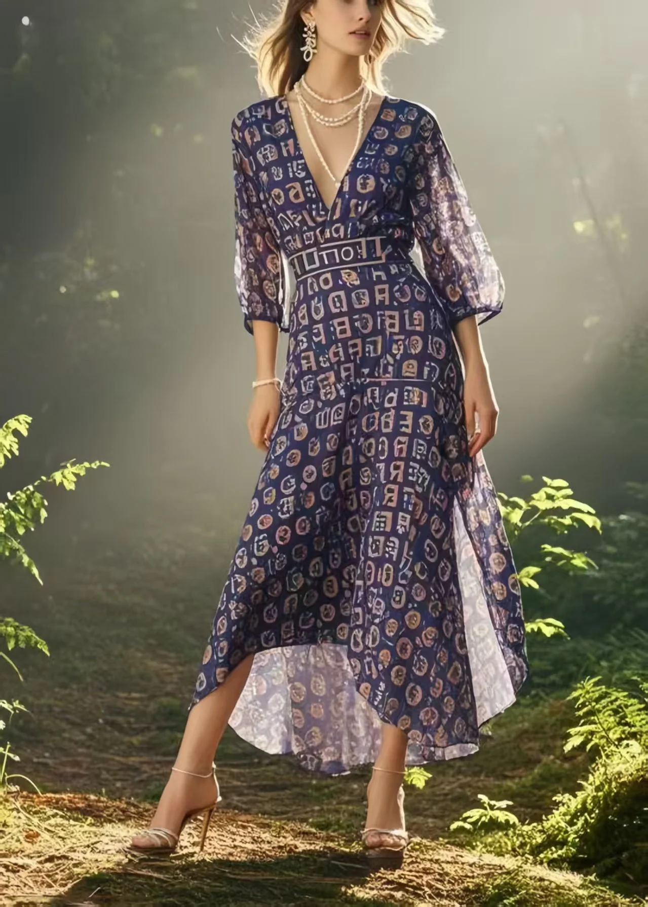 Bohemian Purple V Neck Print Chiffon Mid Dress Bracelet Sleeve - Image 3
