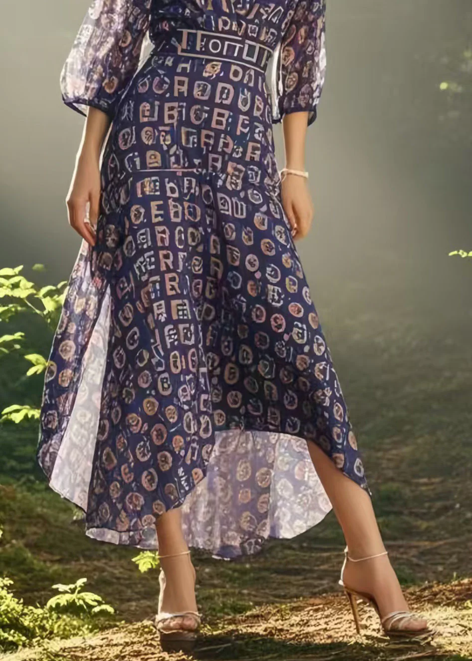 Bohemian Purple V Neck Print Chiffon Mid Dress Bracelet Sleeve - Image 4