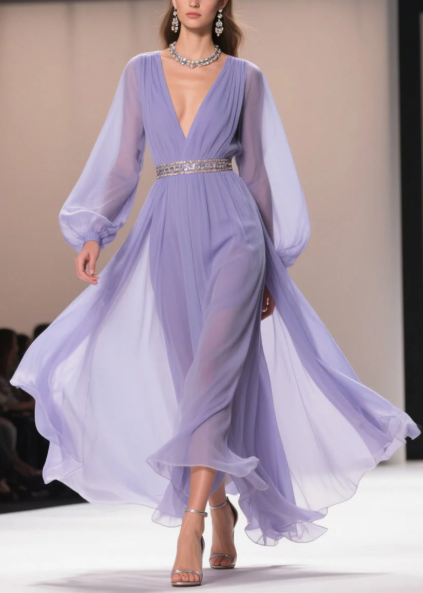 Bohemian Purple V Neck Wrinkled Chiffon Exra Large Hem Dresses Spring - Image 3