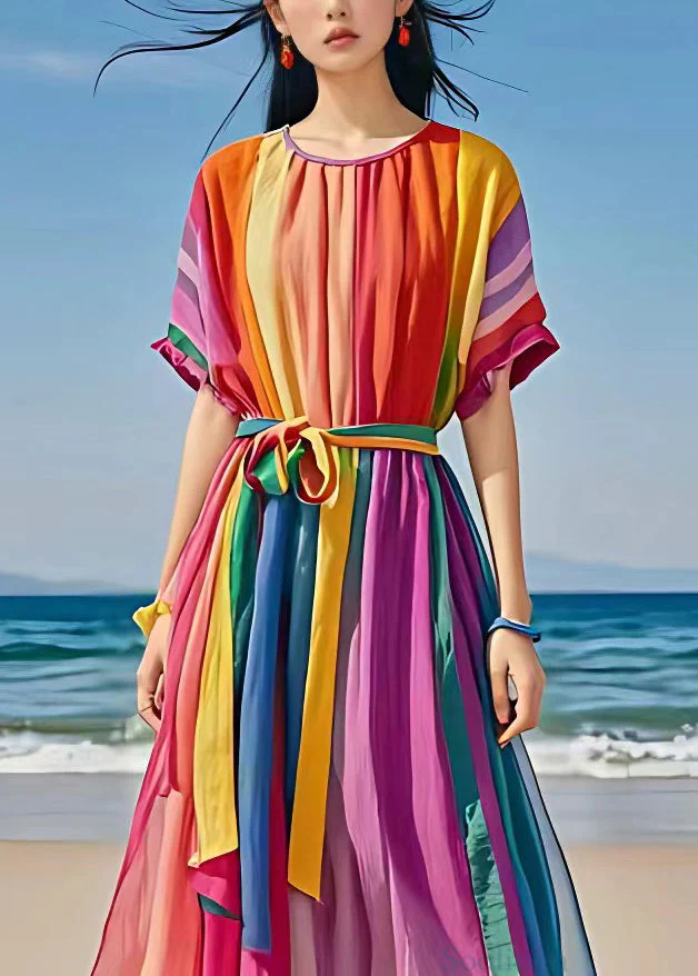 Bohemian Rainbow O Neck Tie Waist Holiday Dress Summer - Image 2