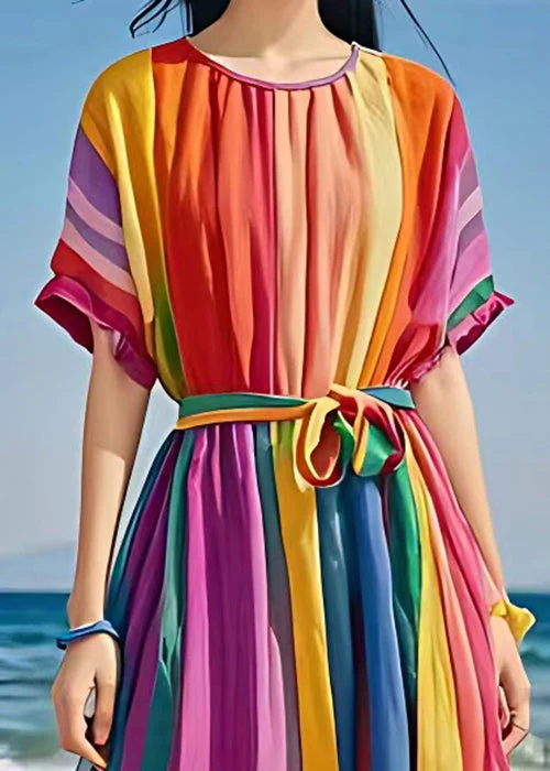 Bohemian Rainbow O Neck Tie Waist Holiday Dress Summer - Image 3