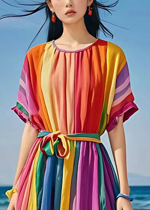Bohemian Rainbow O Neck Tie Waist Holiday Dress Summer - Image 4