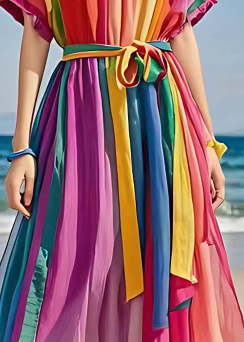 Bohemian Rainbow O Neck Tie Waist Holiday Dress Summer - Image 5