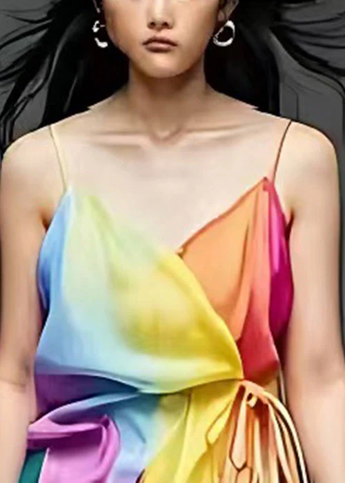 Bohemian Rainbow Tie Waist Patchwork Cotton Spaghetti Strap Dresses Summer - Image 2