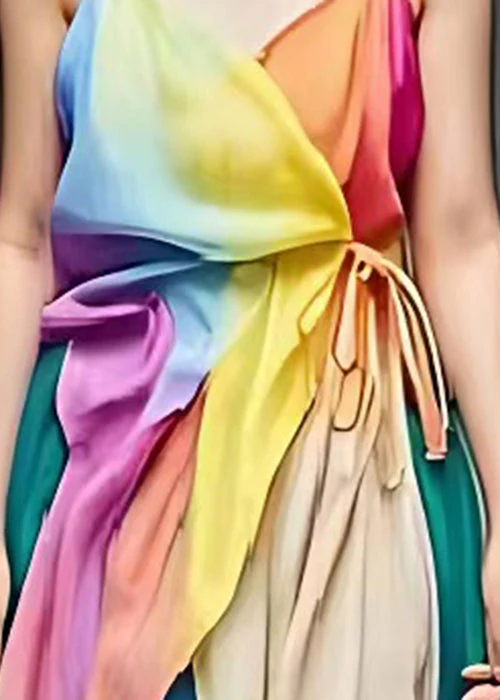 Bohemian Rainbow Tie Waist Patchwork Cotton Spaghetti Strap Dresses Summer - Image 3