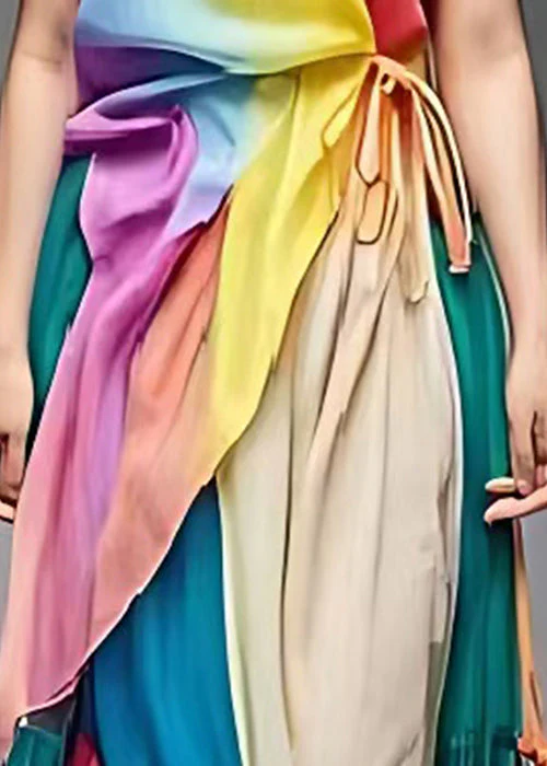 Bohemian Rainbow Tie Waist Patchwork Cotton Spaghetti Strap Dresses Summer - Image 4