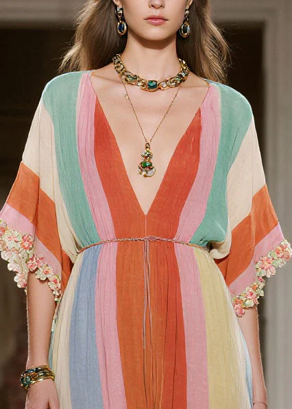 Bohemian Rainbow V Neck Striped Cotton Maxi Dresses Summer - Image 2