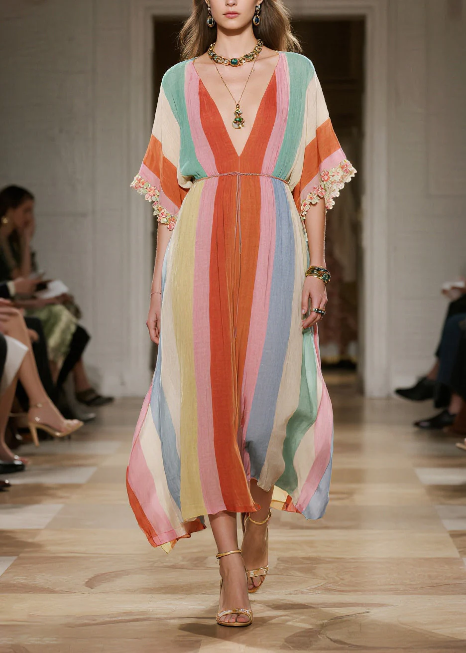 Bohemian Rainbow V Neck Striped Cotton Maxi Dresses Summer - Image 3