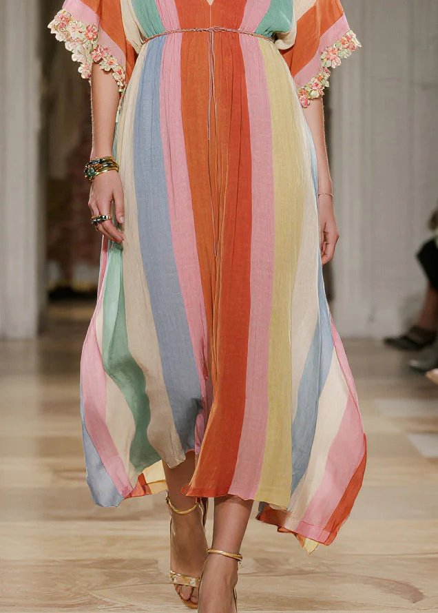 Bohemian Rainbow V Neck Striped Cotton Maxi Dresses Summer - Image 4