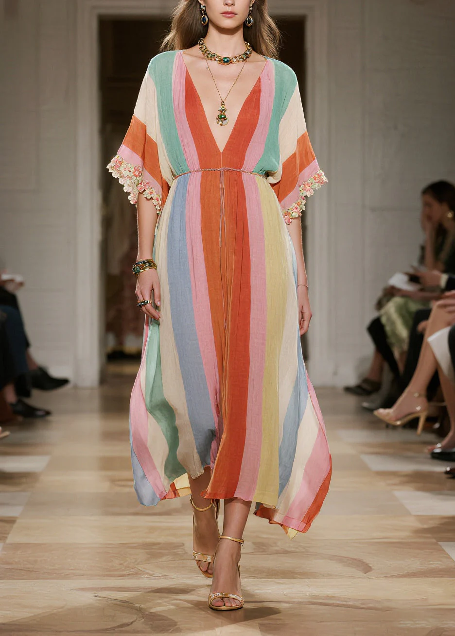Bohemian Rainbow V Neck Striped Cotton Maxi Dresses Summer - Image 5