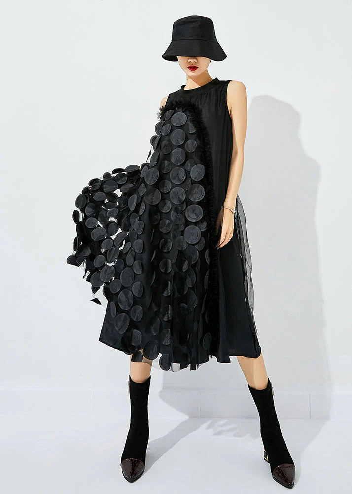 Bohemian Red-Black Dot Asymmetrical Patchwork Wrinkled Tulle Maxi Dress Sleeveless - Image 4