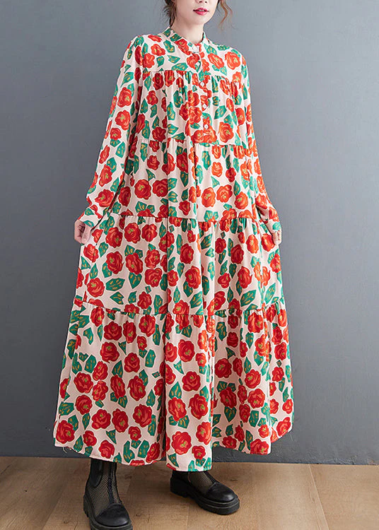 Bohemian Red Button Stand Collar Shirt Dresses Long Sleeve