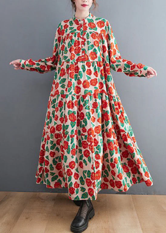 Bohemian Red Button Stand Collar Shirt Dresses Long Sleeve - Image 2