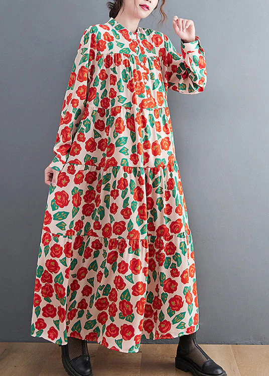 Bohemian Red Button Stand Collar Shirt Dresses Long Sleeve - Image 3