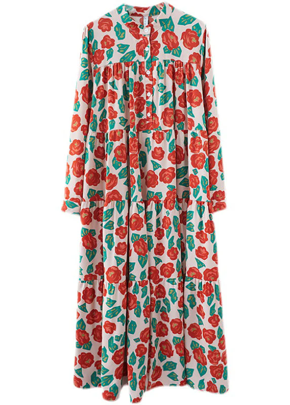 Bohemian Red Button Stand Collar Shirt Dresses Long Sleeve - Image 4