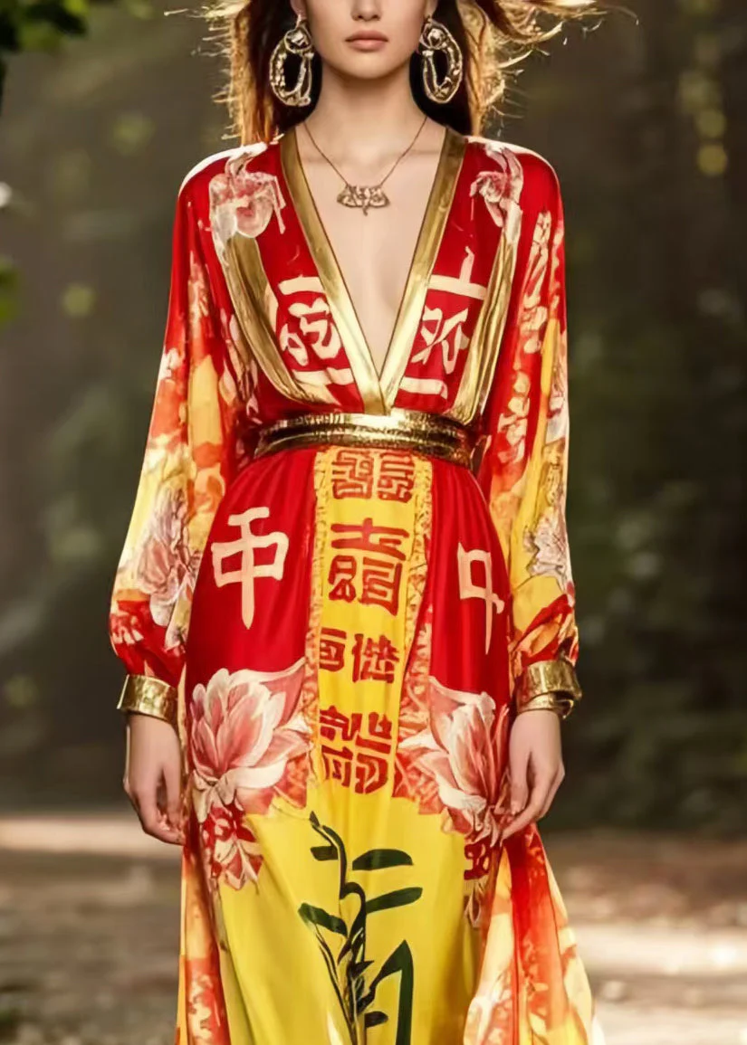 Bohemian Red Cinched Print Chiffon Holiday Dress Spring - Image 2