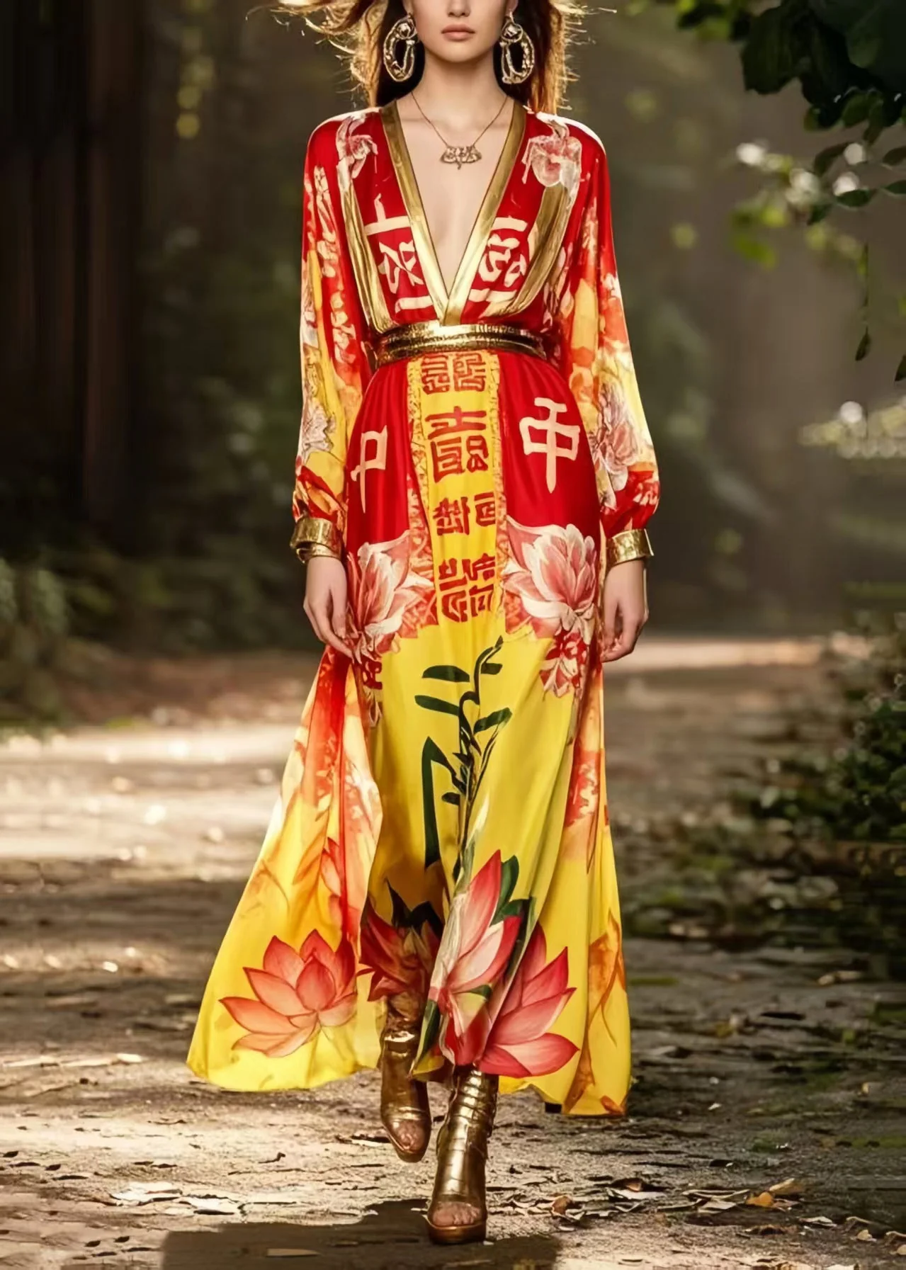 Bohemian Red Cinched Print Chiffon Holiday Dress Spring - Image 3
