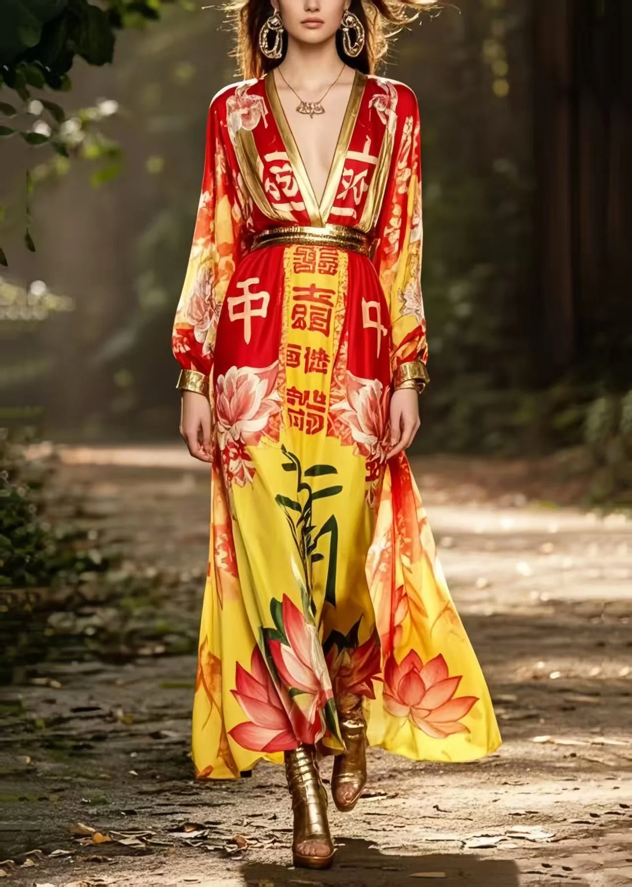 Bohemian Red Cinched Print Chiffon Holiday Dress Spring - Image 5