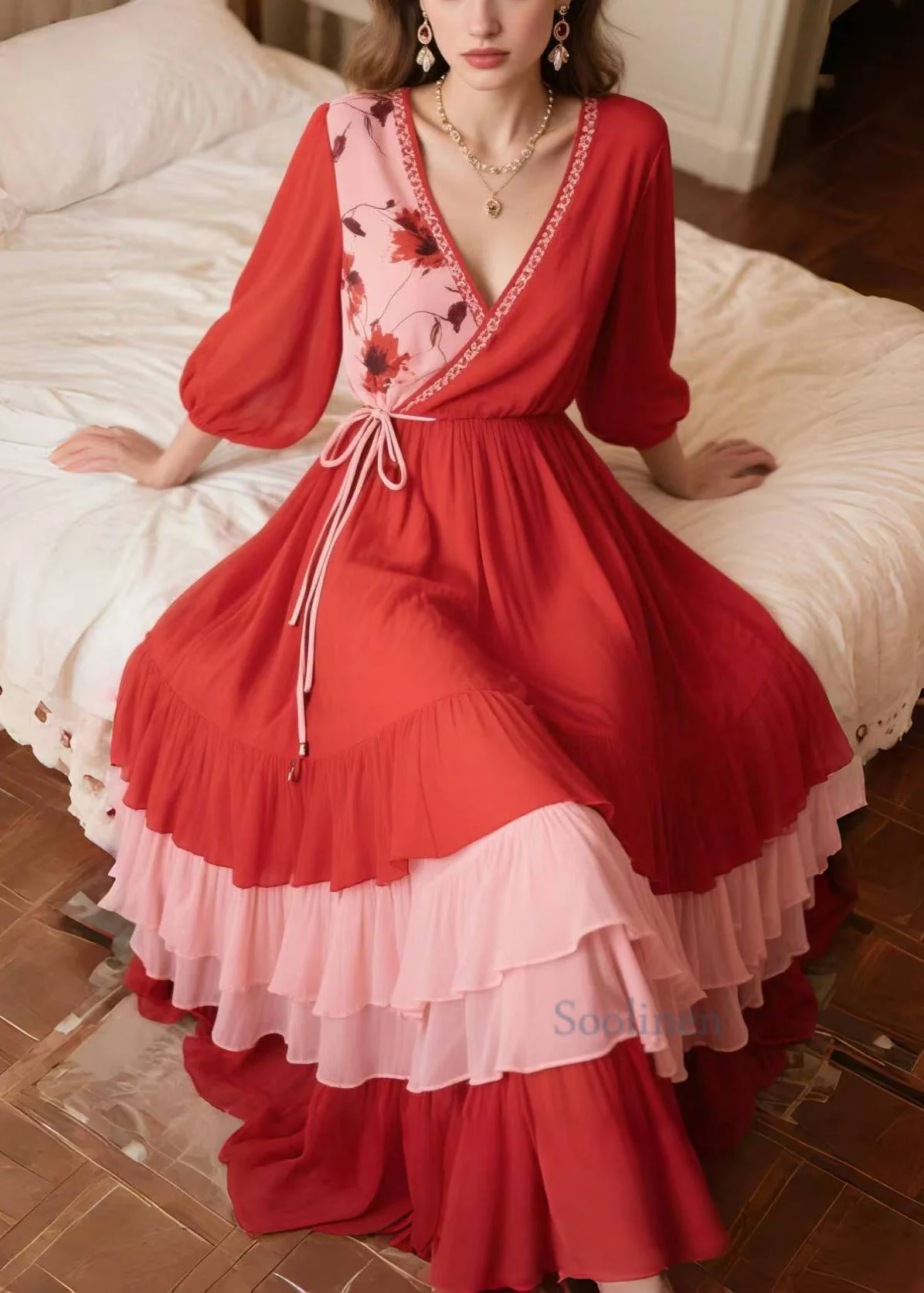 Bohemian Red Exra Large Hem Patchwork Chiffon Vacation Dress Summer - Image 5