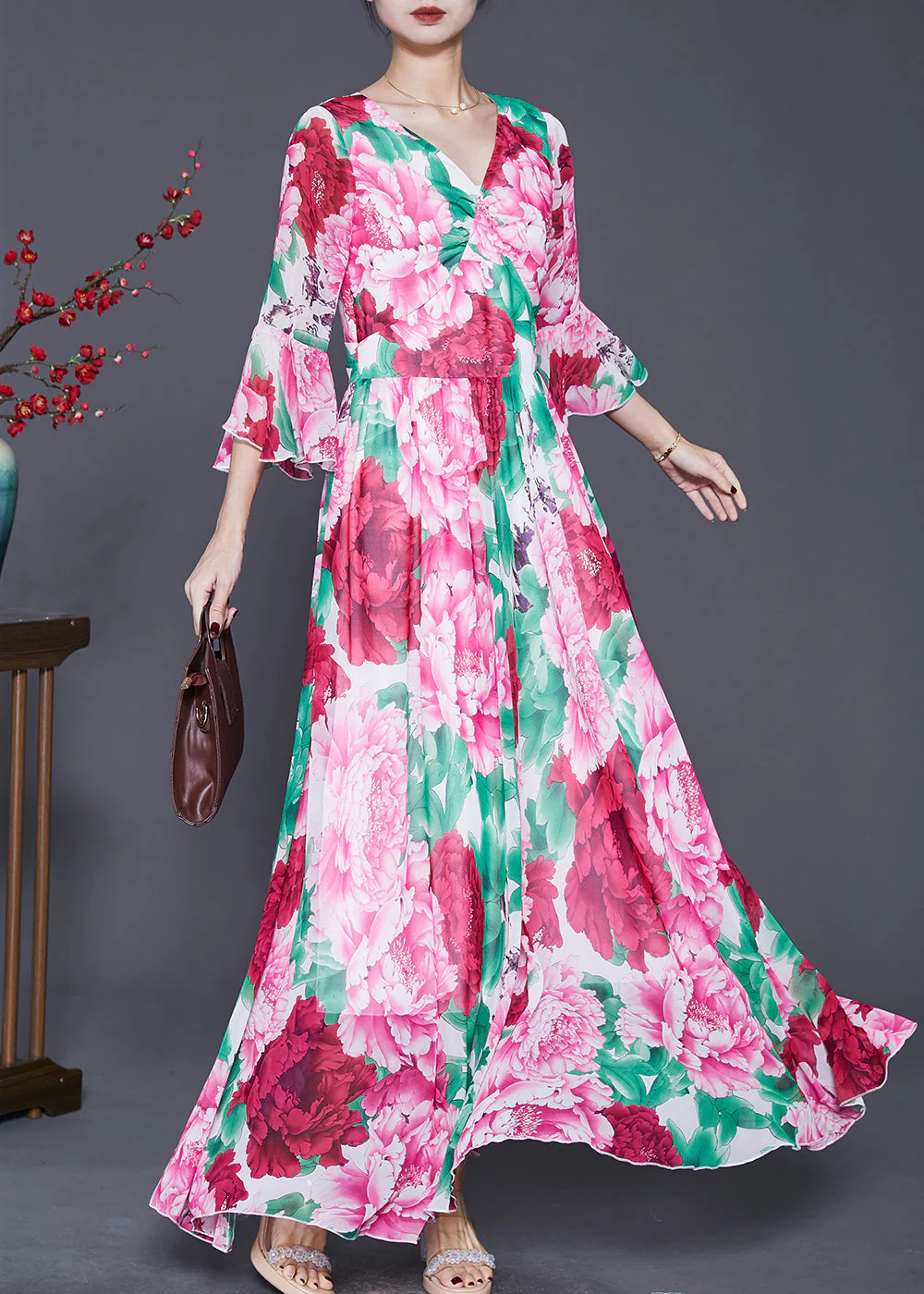Bohemian Red Floral Exra Large Hem Chiffon Ankle Dress Flare Sleeve - Image 2