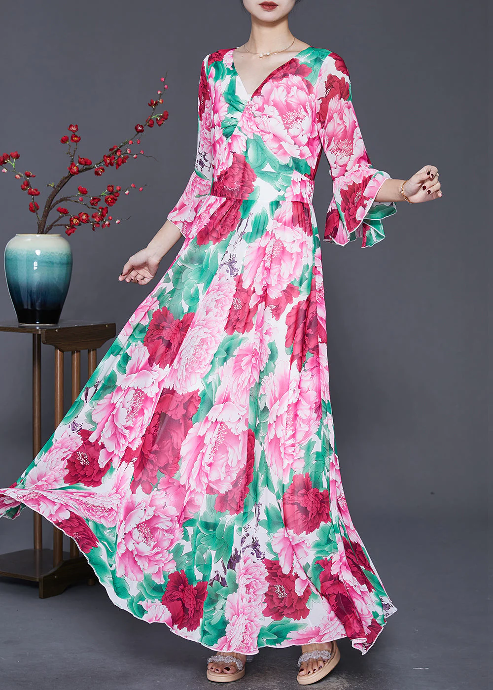 Bohemian Red Floral Exra Large Hem Chiffon Ankle Dress Flare Sleeve - Image 3