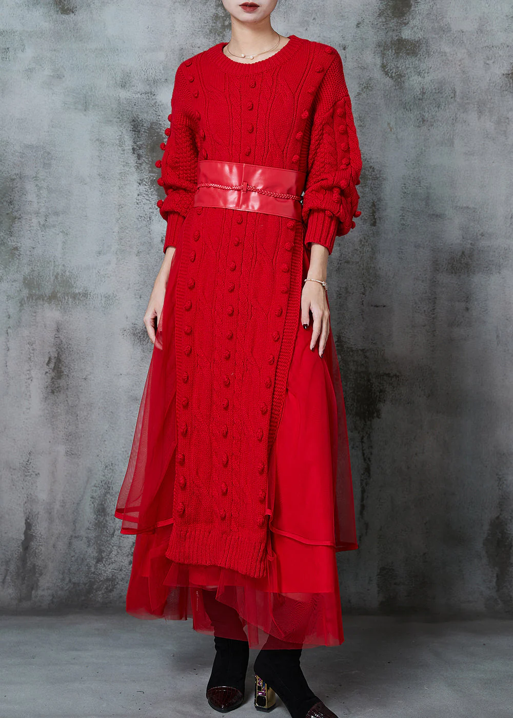 Bohemian Red Fuzzy Ball Decorated Knit Dress Two Piece Suit Set Spring - Image 2