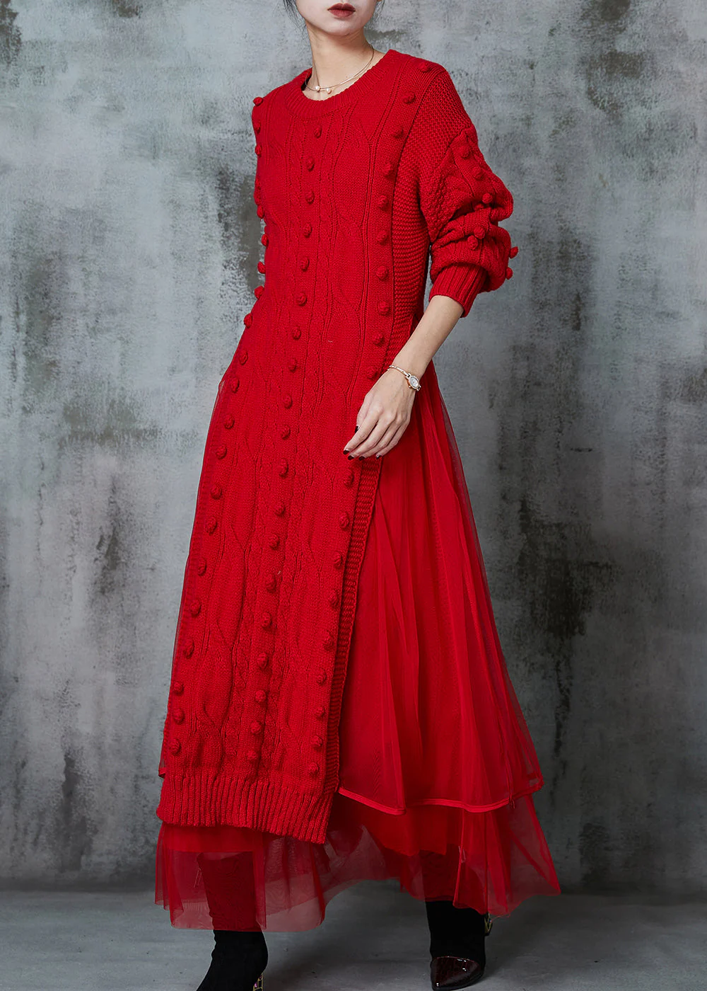 Bohemian Red Fuzzy Ball Decorated Knit Dress Two Piece Suit Set Spring - Image 3