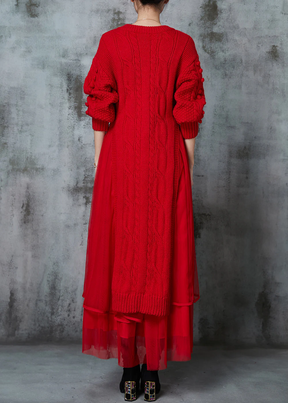 Bohemian Red Fuzzy Ball Decorated Knit Dress Two Piece Suit Set Spring - Image 4