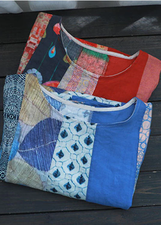 Bohemian Red Loose Patchwork cotton blend Fall Short Sleeve Long Dresses - Image 5