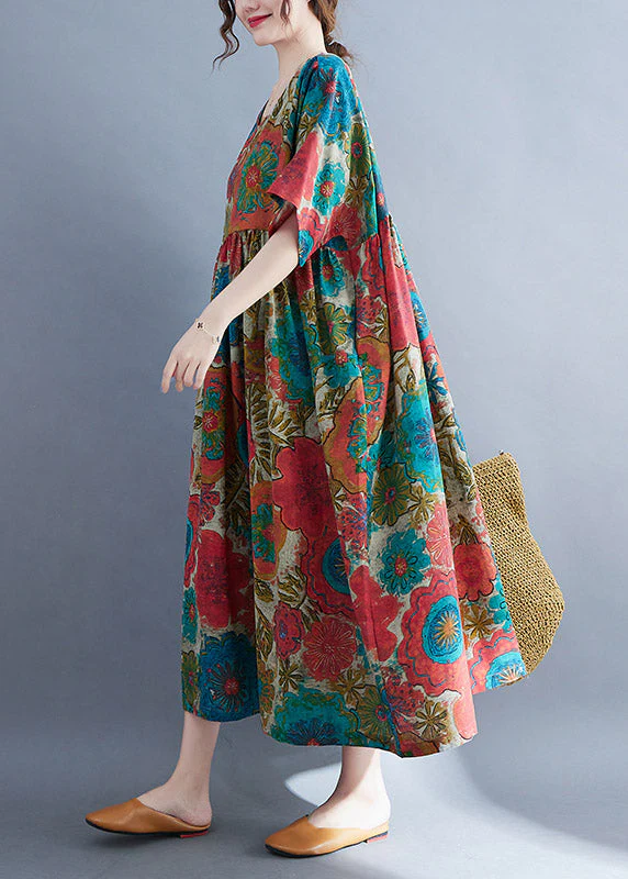 Bohemian Red O-Neck Cinched Print Linen Long Dress Short Sleeve - Image 2