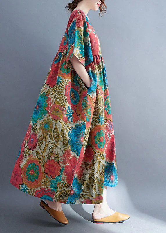 Bohemian Red O-Neck Cinched Print Linen Long Dress Short Sleeve - Image 3