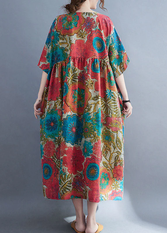 Bohemian Red O-Neck Cinched Print Linen Long Dress Short Sleeve - Image 4