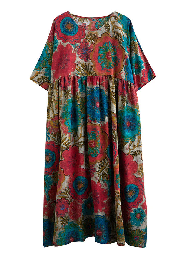 Bohemian Red O-Neck Cinched Print Linen Long Dress Short Sleeve - Image 5