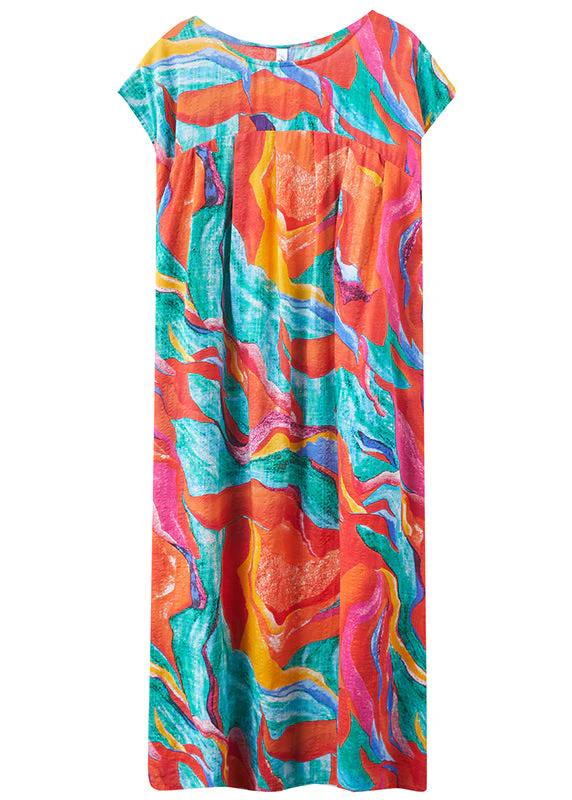 Bohemian Red O-Neck Patchwork Print Linen Beach Long Dresses Short Sleeve - Image 5
