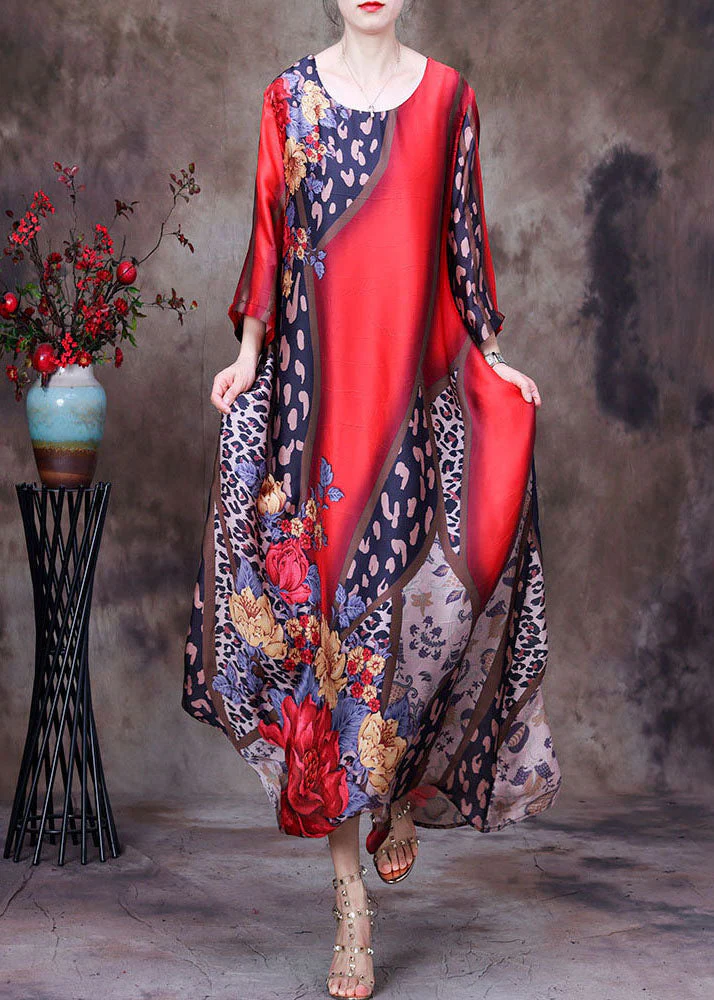 Bohemian Red O-Neck Print Side Open Silk Long Dress Short Sleeve - Image 2