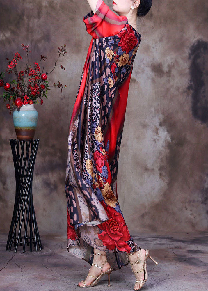 Bohemian Red O-Neck Print Side Open Silk Long Dress Short Sleeve - Image 3
