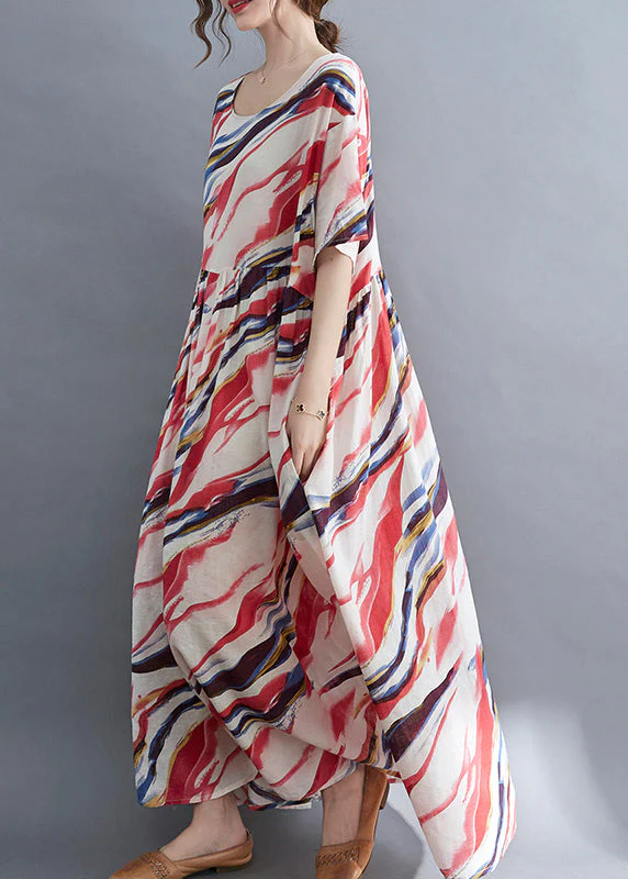 Bohemian Red O-Neck Print wrinkled Long Dress Short Sleeve - Image 2