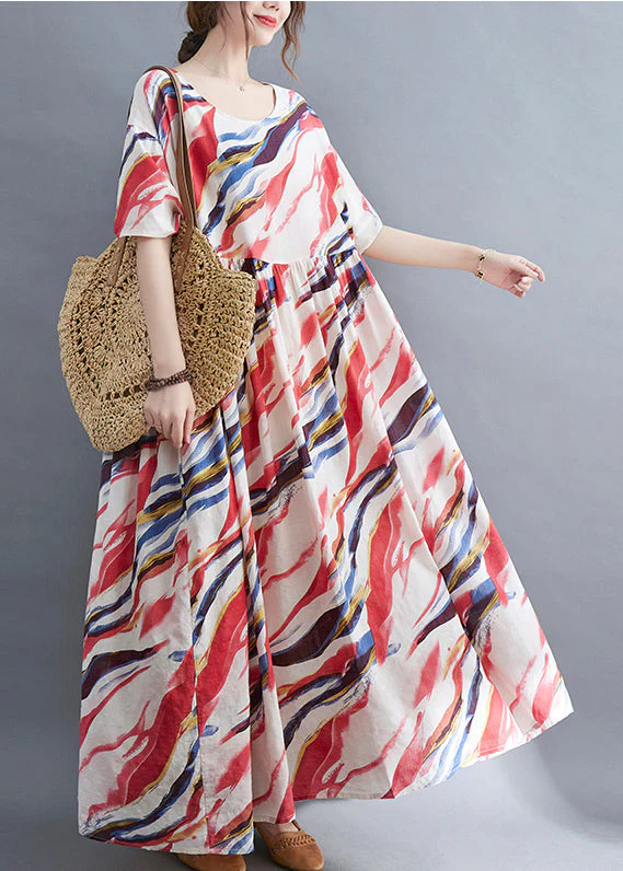Bohemian Red O-Neck Print wrinkled Long Dress Short Sleeve - Image 3